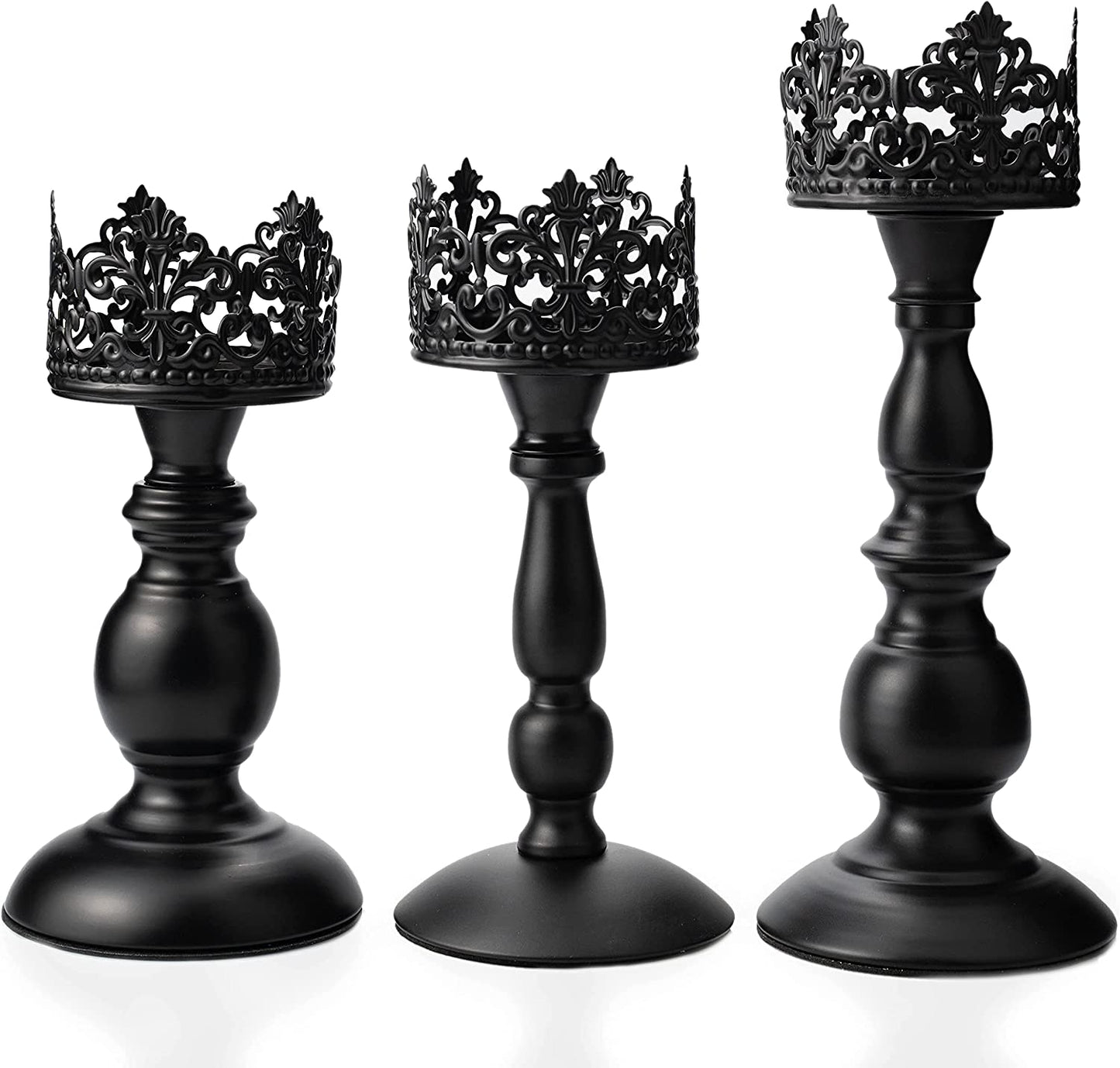 Vintage Pillar Candle Holders for Table Centerpiece Set of 3-11'' 9'' 8'' - Matte Black Metal Candle Stands Decorative - Candle Centerpiece for Table Fireplace Decor - Gothic Candle Holder