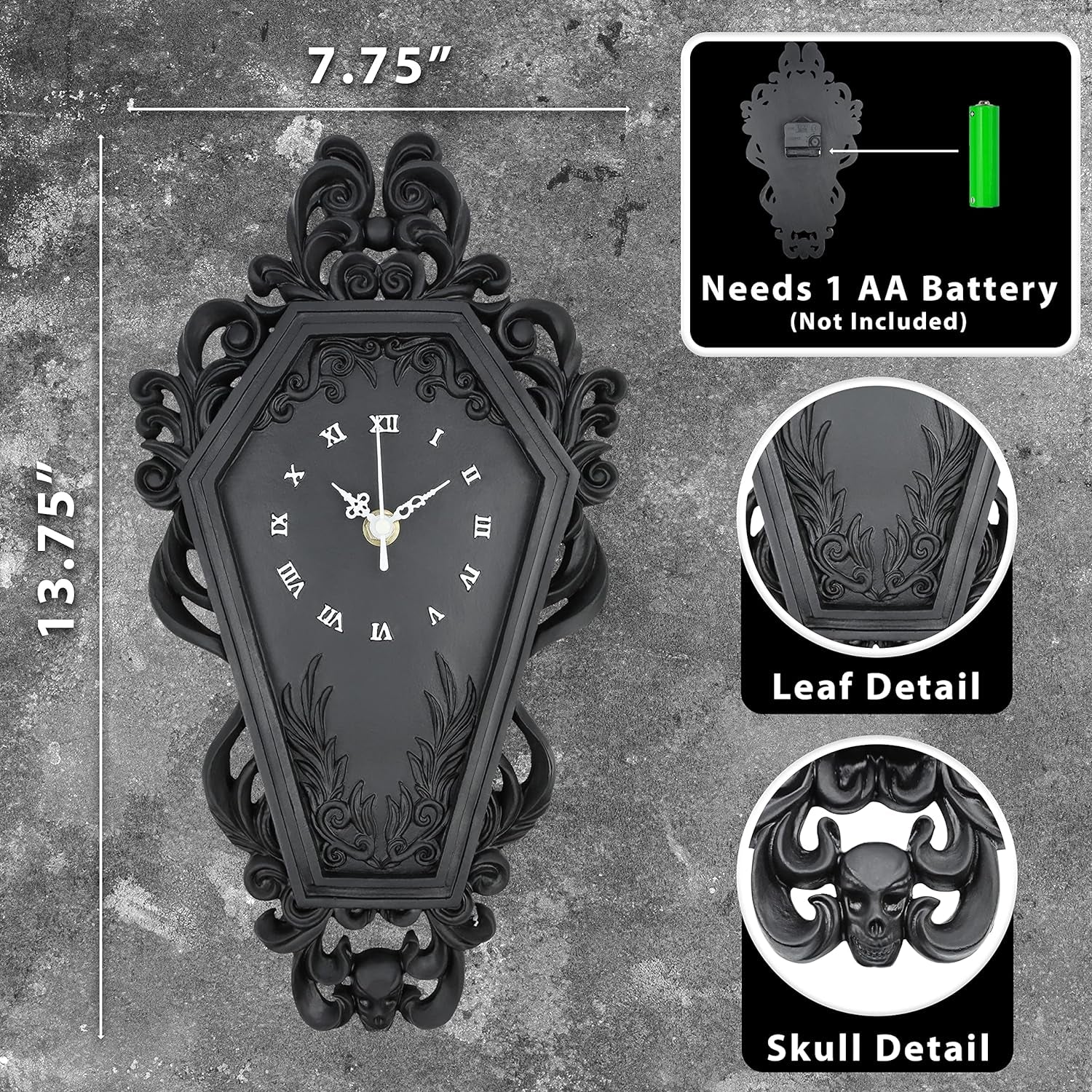 Coffin Wall Clock - Gothic Home Decor - Baroque Black Resin - Steampunk Skull - Medium Size - AA Battery NOT Included