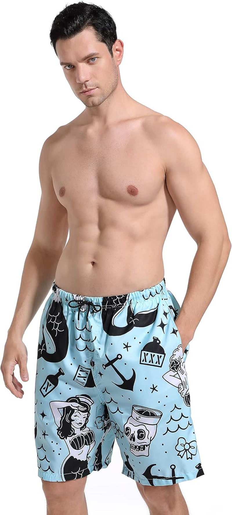 Mens Mermaid and Skull Swim Trunks Board Shorts Beach Swimwear Bathing Suit with Mesh Lined and Pockets