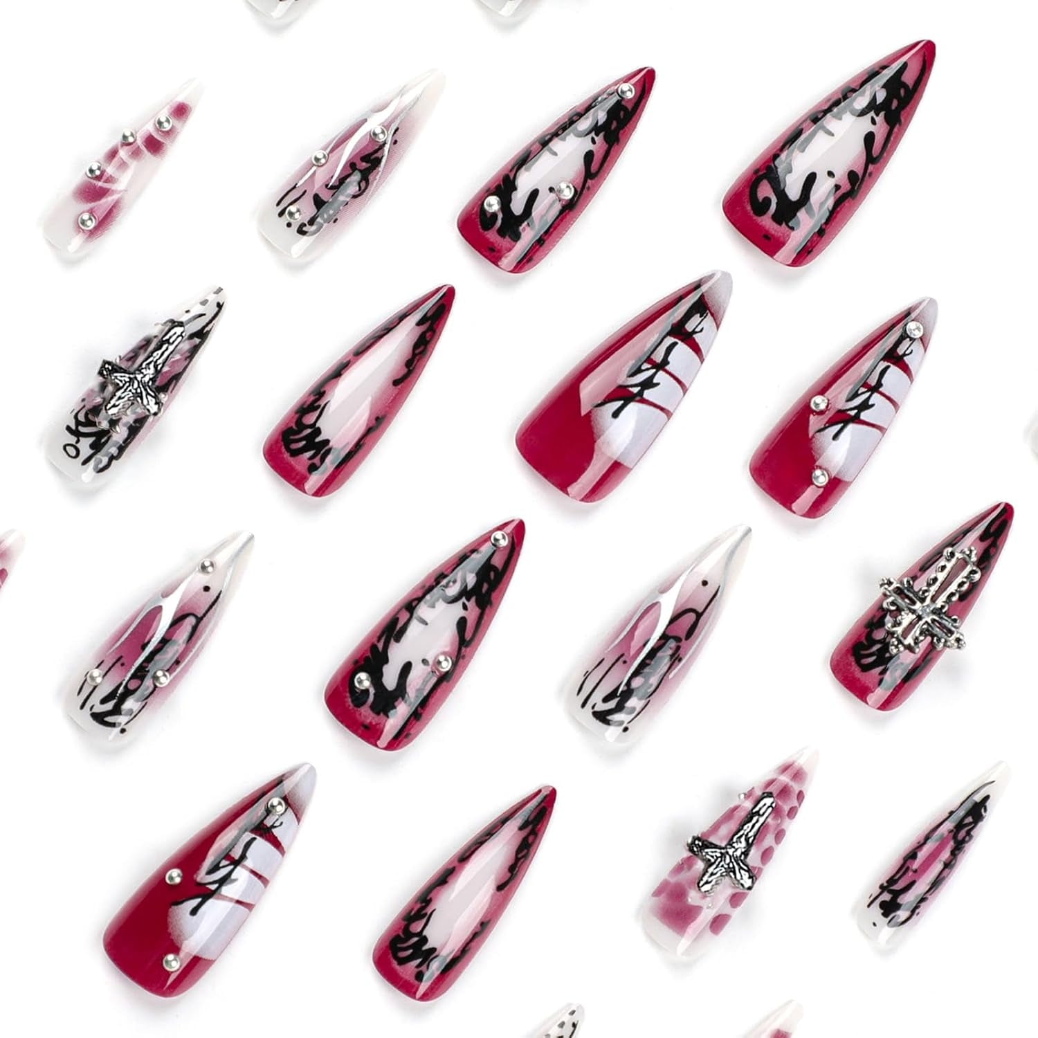 Press on Nails Long Stiletto Fake Nails Glossy Glue on Nails Goth Red Black Ombre Acrylic Nails Gothic Cross Almond Artificial Nails Silver Chrome Swirl Stick on False Nails with Design 24 Pcs