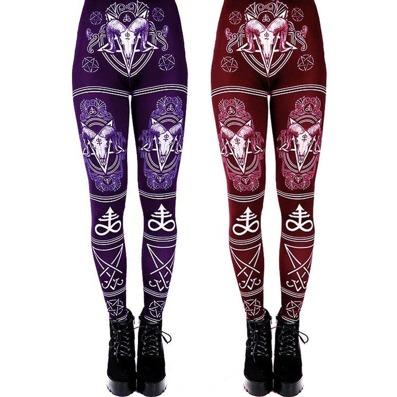 Gothic Ouija Printed Leggings Goat Horn Workout Pants Women Elastic Hexagram Trousers Black Bottoms Female