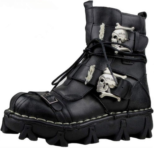 Mens Black Genuine Leather Military Army Boots Gothic Skull Punk Motorcycle Boots