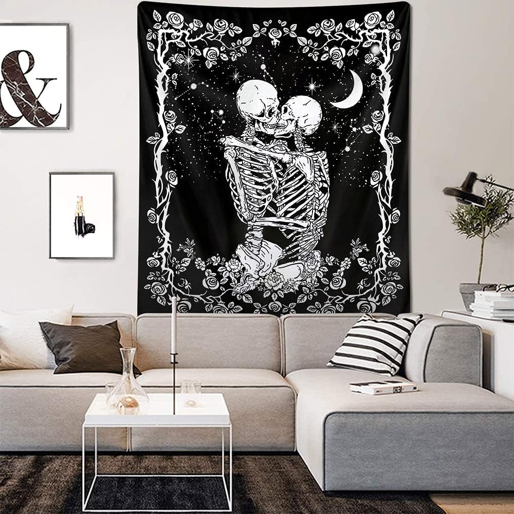 Skull Tapestry for Bedroom Aesthetic Black Skeleton Tapestry Goth Tapestry Halloween Wall Decor Dark Gothic Tapestry Wall Hanging Horror Creepy Spooky Witchy Home Wall Decor 51"X60"