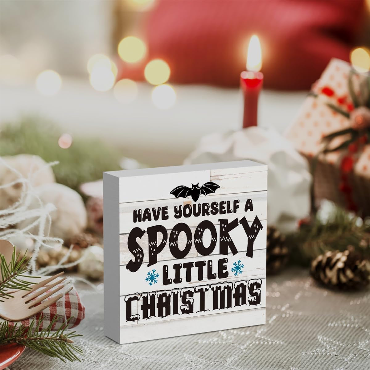 Rustic Winter Have Yourself a Spooky Little Christmas Bat Wood Box Sign, Farmhouse Christmas Santa Artwork Decor, Wood Square Sign Desk Block Signs Home Shelf Office Decoration 5 X 5 Inches