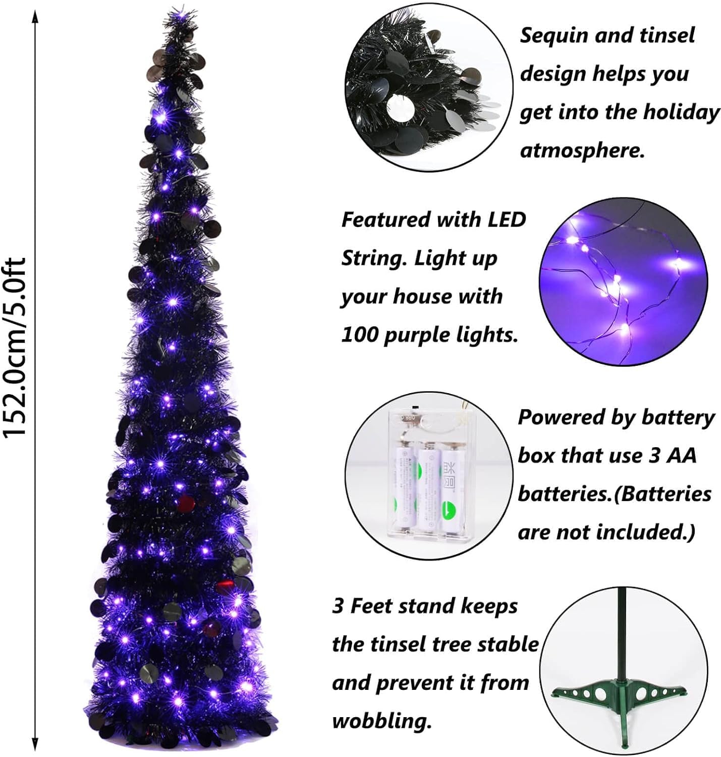 5FT Halloween Pop up Artificial Black Tree with 100 Lights for Halloween and Holiday Home Decor (Black)