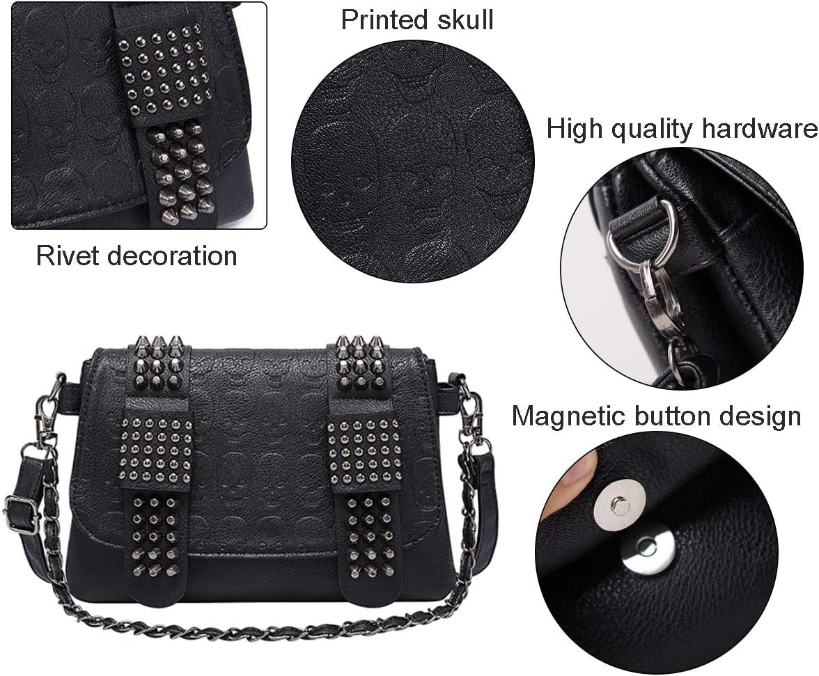 Women Punk Skull Shoulder Top-Handle Bag Goth Rivet Purse Handbag PU Leather Chain Satchel Tote Black