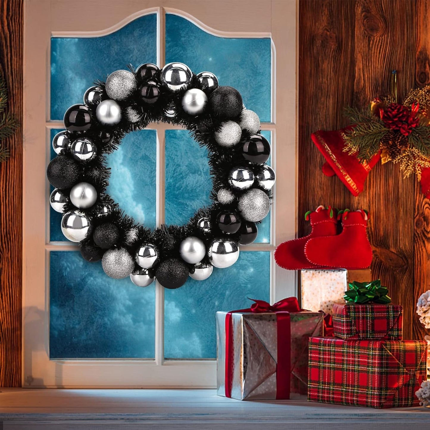 Christmas Ball Wreath,13 Inches Black and Silver Ornament Garland Decoration