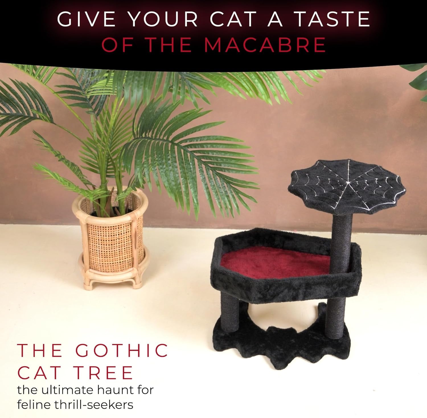 Gothic Cat Tree with Coffin Cat Bed, Gothic Cat Tower, Coffin Cat Tree with Sisal Scratching Posts for Halloween Cat, Small Size, Black with Red