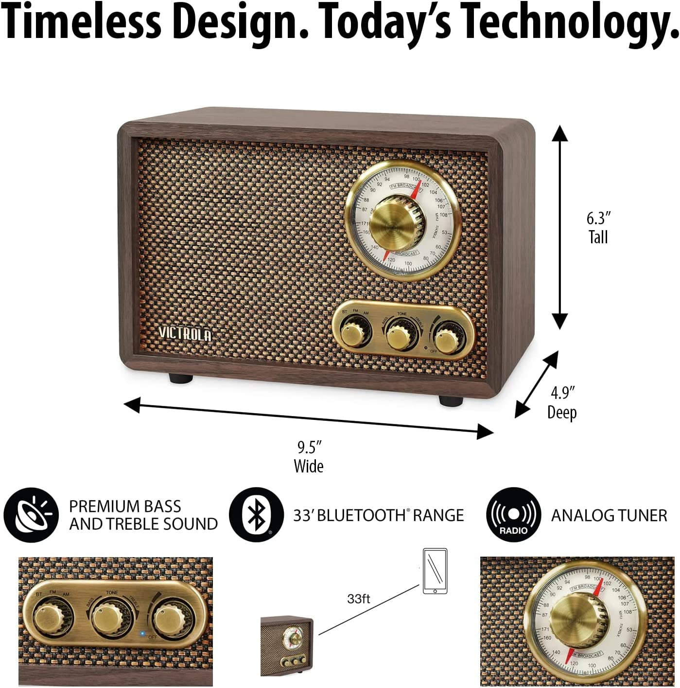 Retro Wood Bluetooth FM/AM Radio with Rotary Dial, Espresso