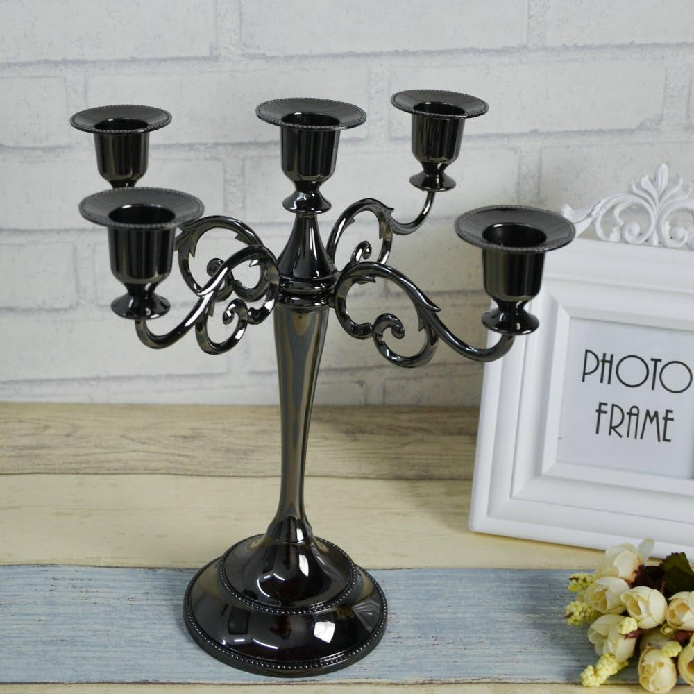 5-Candle Metal Candelabra Candlestick Holders 10.6 Inch Tall Candle Holder Wedding Event Candelabra Candle Stand (Black Candelabra)