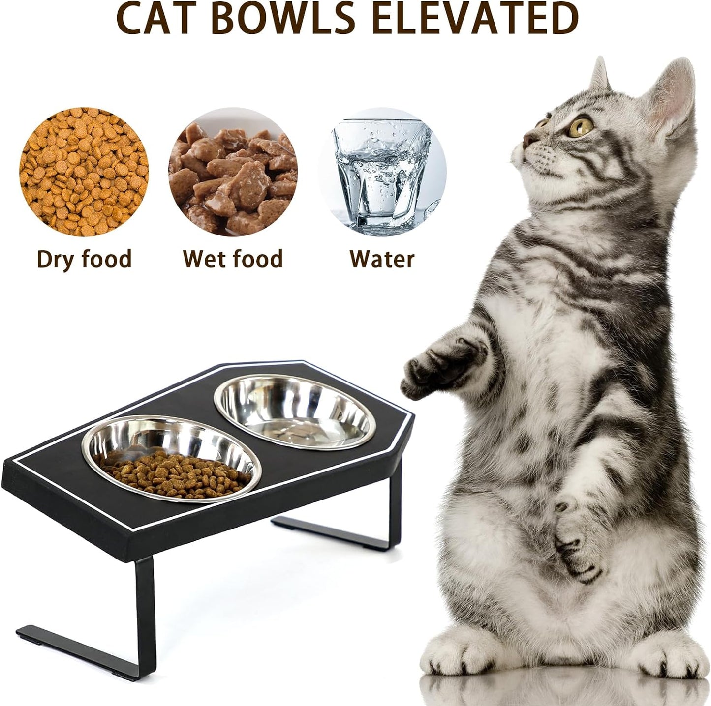 Cat Food Bowls Elevated, Gothic Cat Bowls, Raised Cat Bowls for Indoor Cats with Non-Slip Stand & Wood Board, Stainless Steel and Whisker Friendly Food Bowls