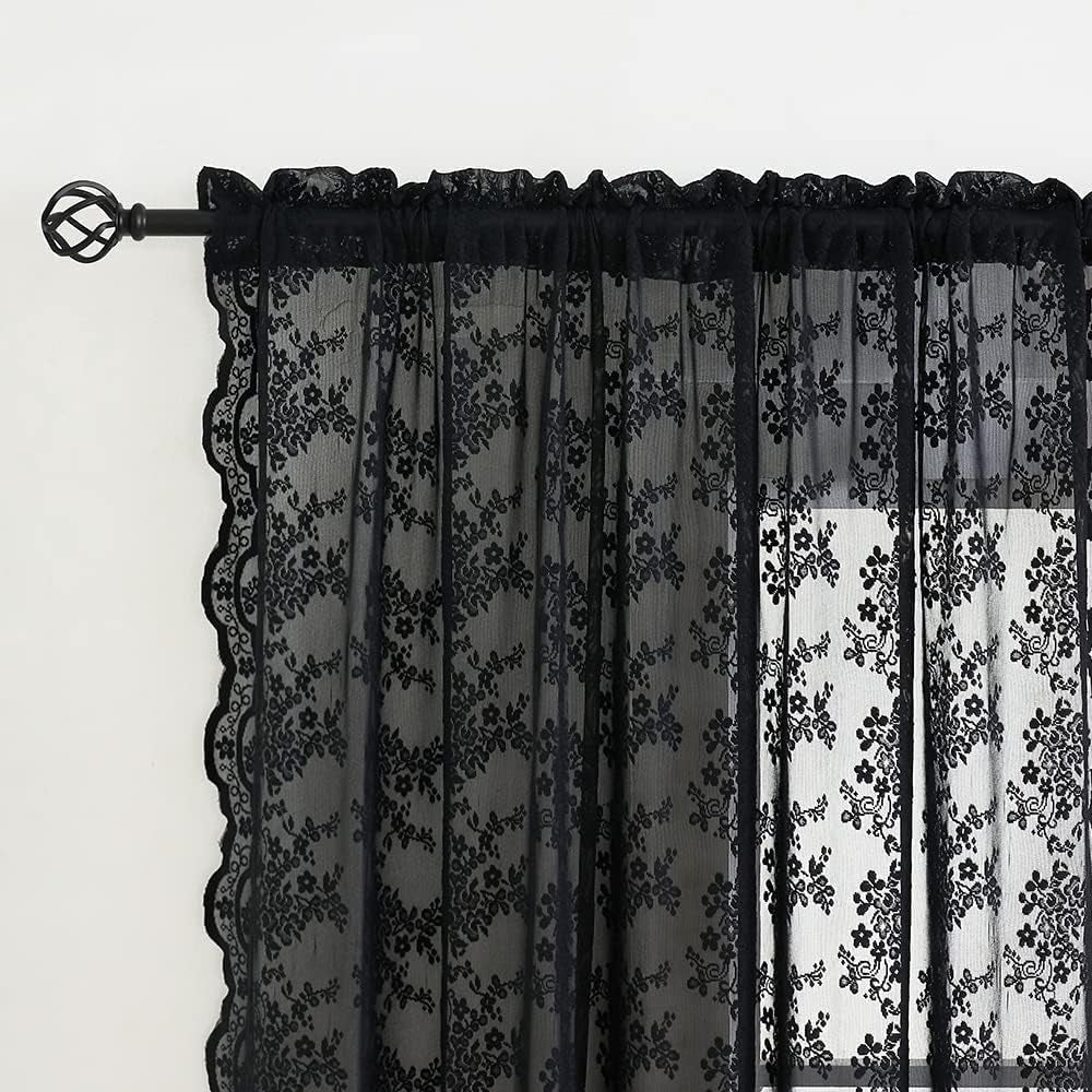 Black Sheer Curtains 54 Inch Length- Goth Victorian Kitchen Lace Curtain Panel Halloween Short Curtains for Bathroom Window Coffin/Witchy/Gothic Home Decor 52 X 54 Inch Black