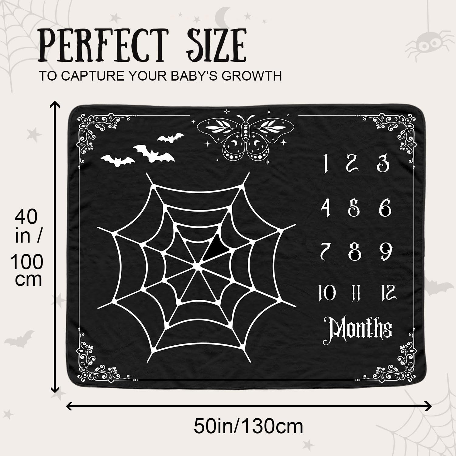 Gothic Baby Monthly Milestone Blanket for Boys, Goth Newborn Month Blanket, Soft Flannel Photography Background Prop Blanket, Moth Bat Halloween Personalized Shower Gift, Gothic