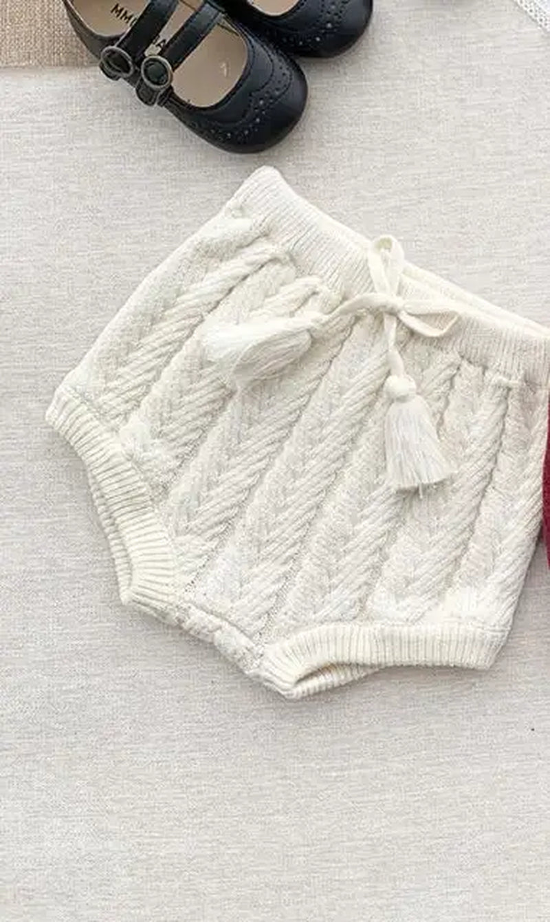 Vintage Baby Shorts Summer Autumn Cotton Knit Elastics Kids Short Pants Cozy Infant Tassel Belt Bloomers Children Warm Clothes