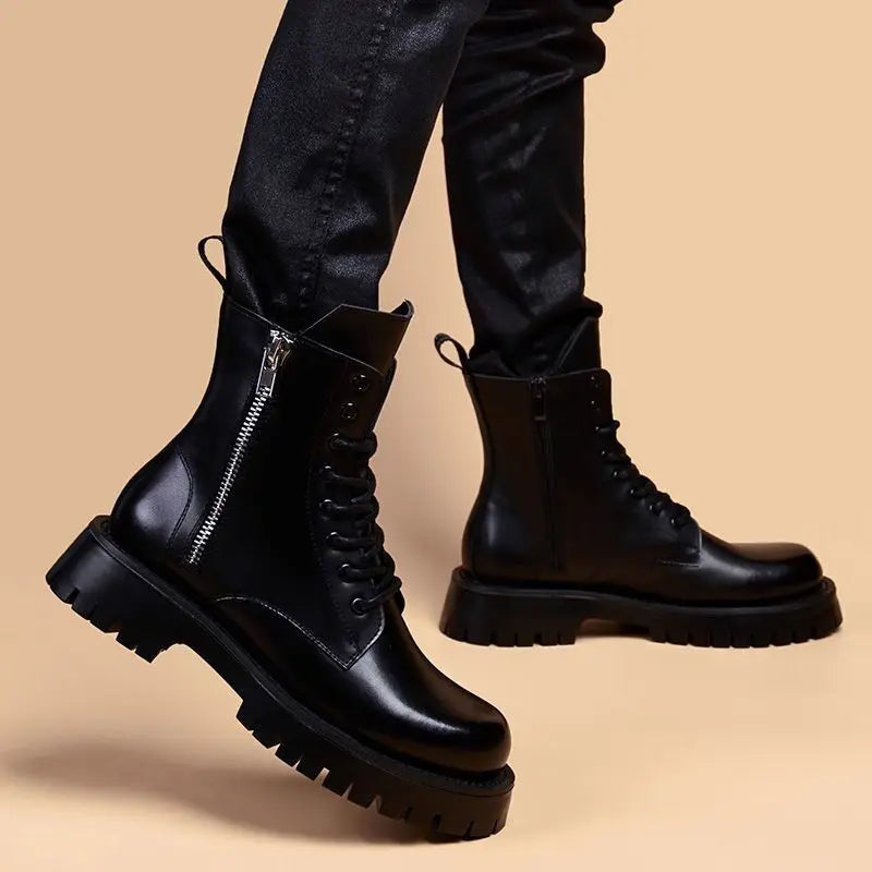 Mens Fashion Party Nightclub Dresses Natural Leather Platform Shoes Handsome Cowboy Boot Ankle Botas Masculinas Zapatos Hombre