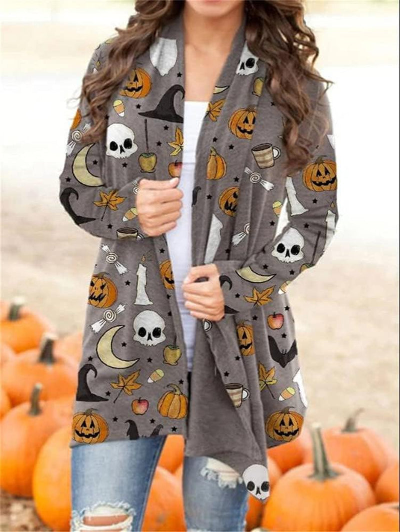 Women'S Halloween Cat Pumpkin Cardigan Long Sleeve Open Front Knit Outwear Coat plus Size Knitting Sweater Top