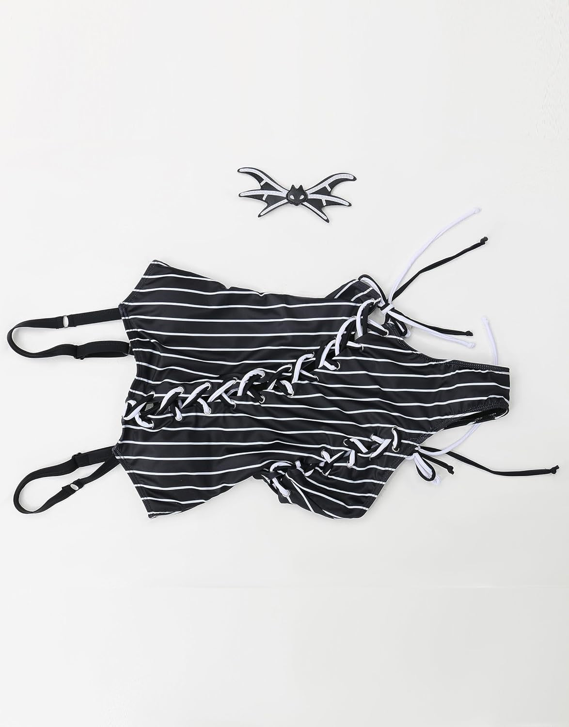 MEOWCOS Women'S One Piece Swimsuits Gothic Black and White Striped Decoration Bathing Suit with Accessories