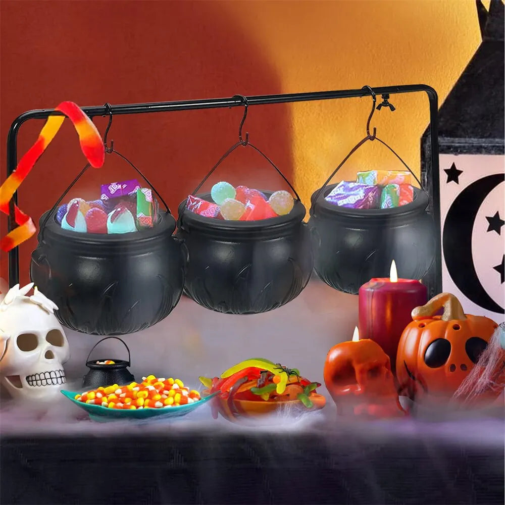 Set of 3 Witches Cauldron Serving Bowls on Rack - Black Plastic Witches Candy Bucket Cauldron for Halloween Party Decoration