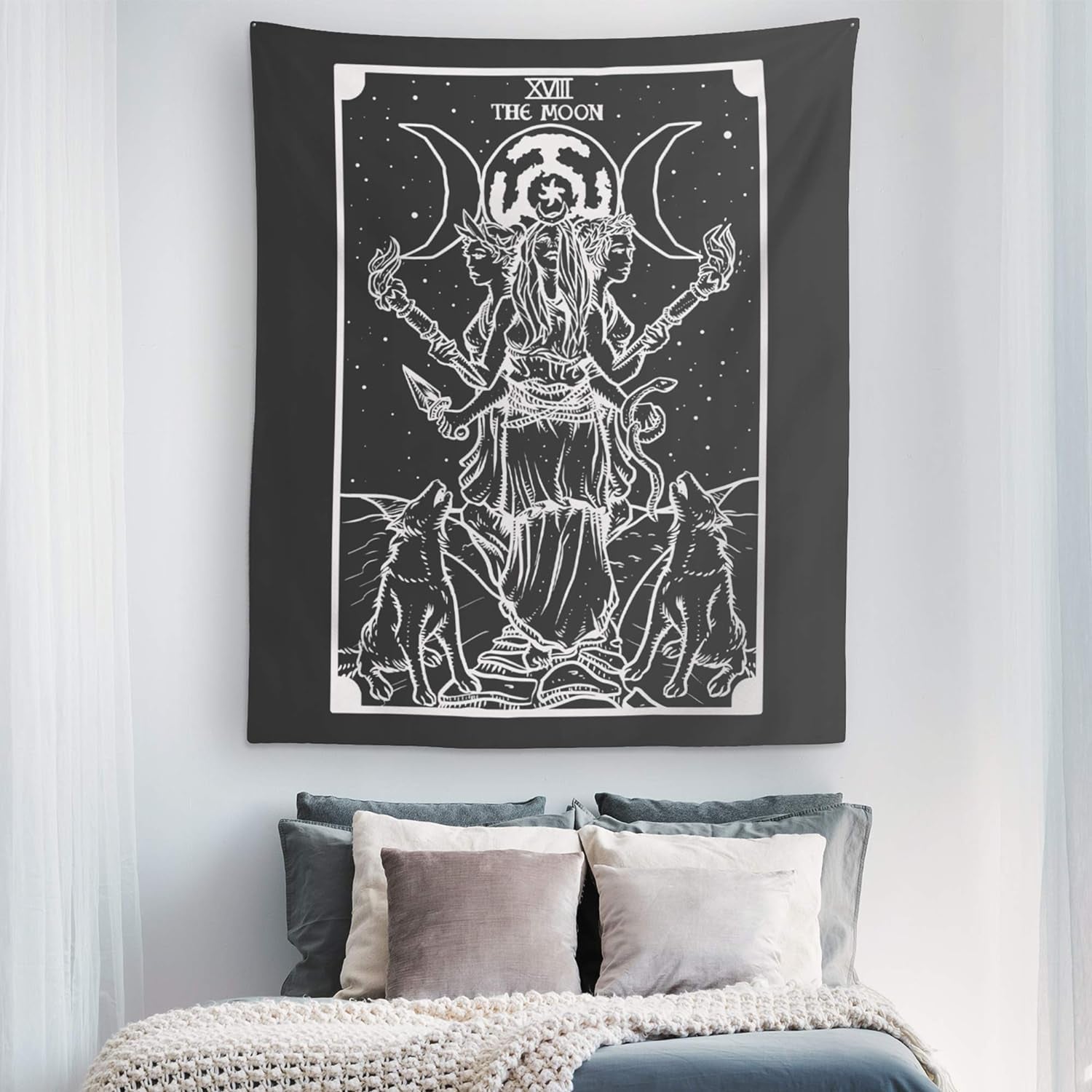 The Goddess Hecate Tarot Card Tapestry (Black & White) - Triple Moon Goddess of Witchcraft Hekate Wheel Pagan Witch Wall Hanging (60" X 50")