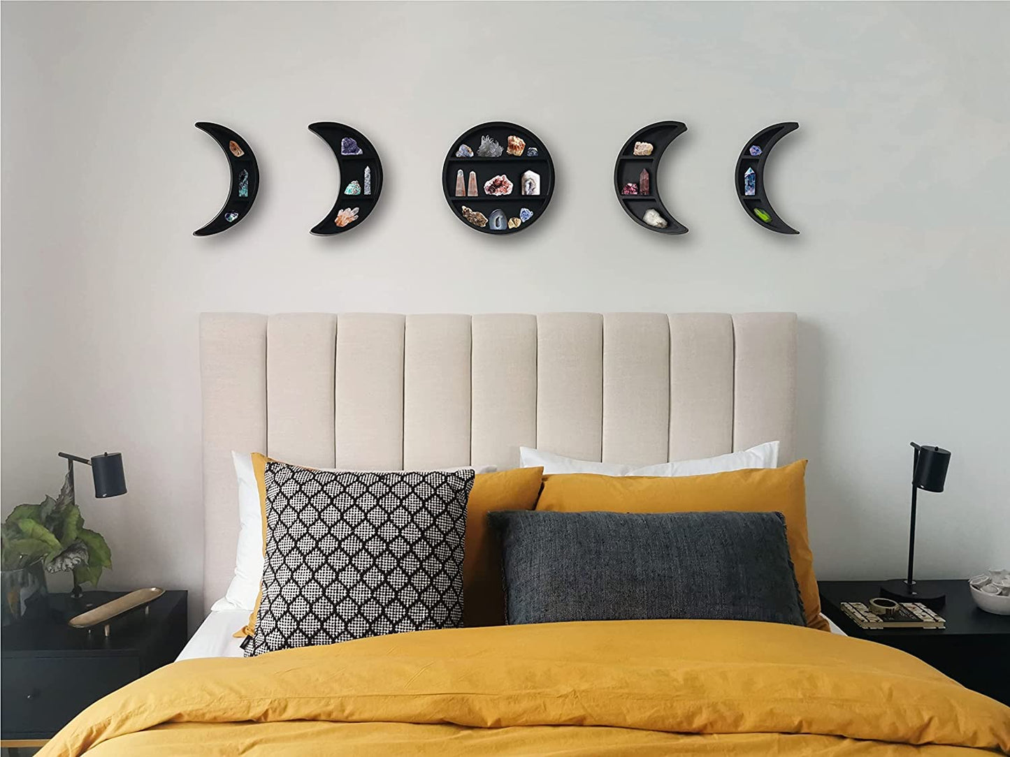 5 Pieces 12.2" Moon Phase Shelf Set - Phases of the Moon Wall Decor - Crescent Moon Shelf for Crystals - Moon Phase Wall Decor Crystal Shelf Display - above Bed Wall Decor Bedroom Storage (Black)