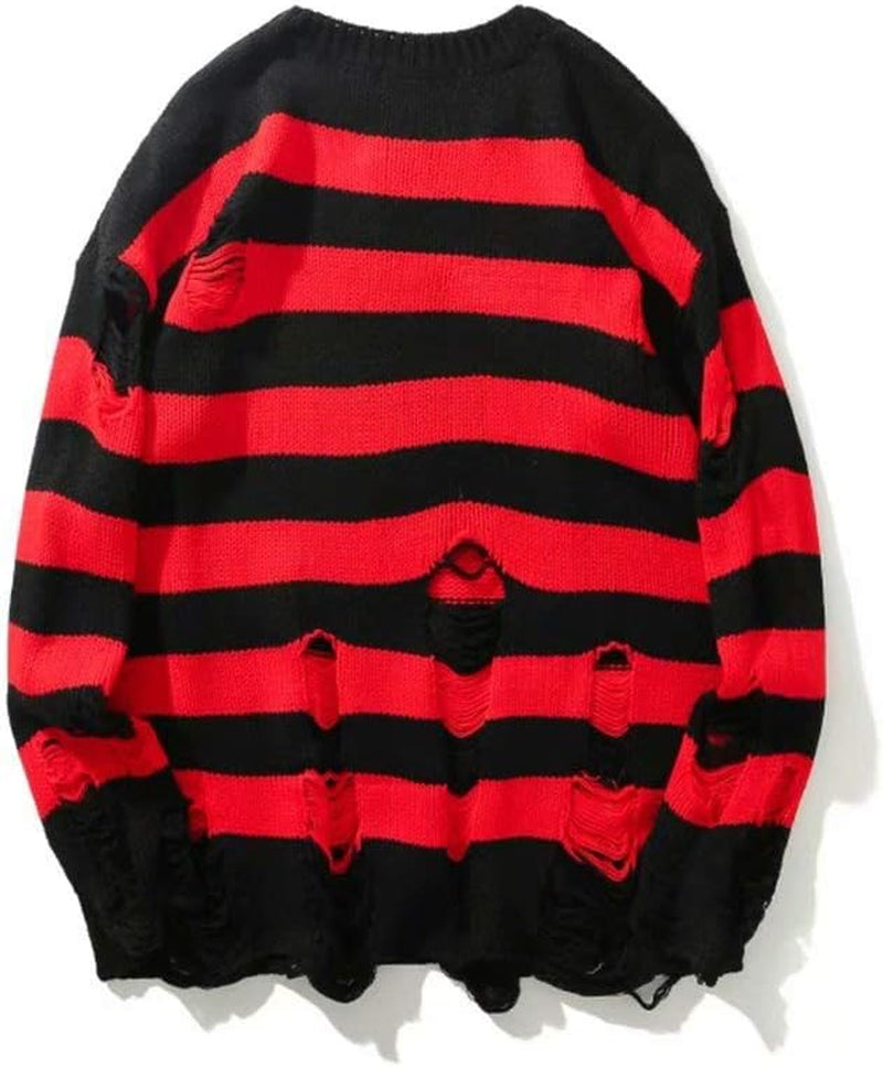 Black Red Striped Sweaters Men Oversized Ripped Hole Knit Pullover Autumn Winter Fashion Long Sleeve Clothing