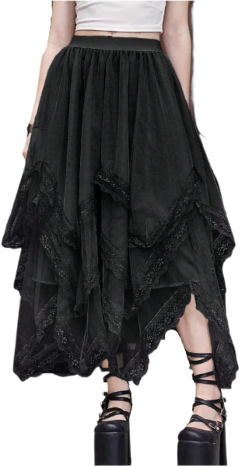 Women'S Lace Trim Layered Mesh Tulle Skirt High Waist Asymmetrical Long Goth Skirt