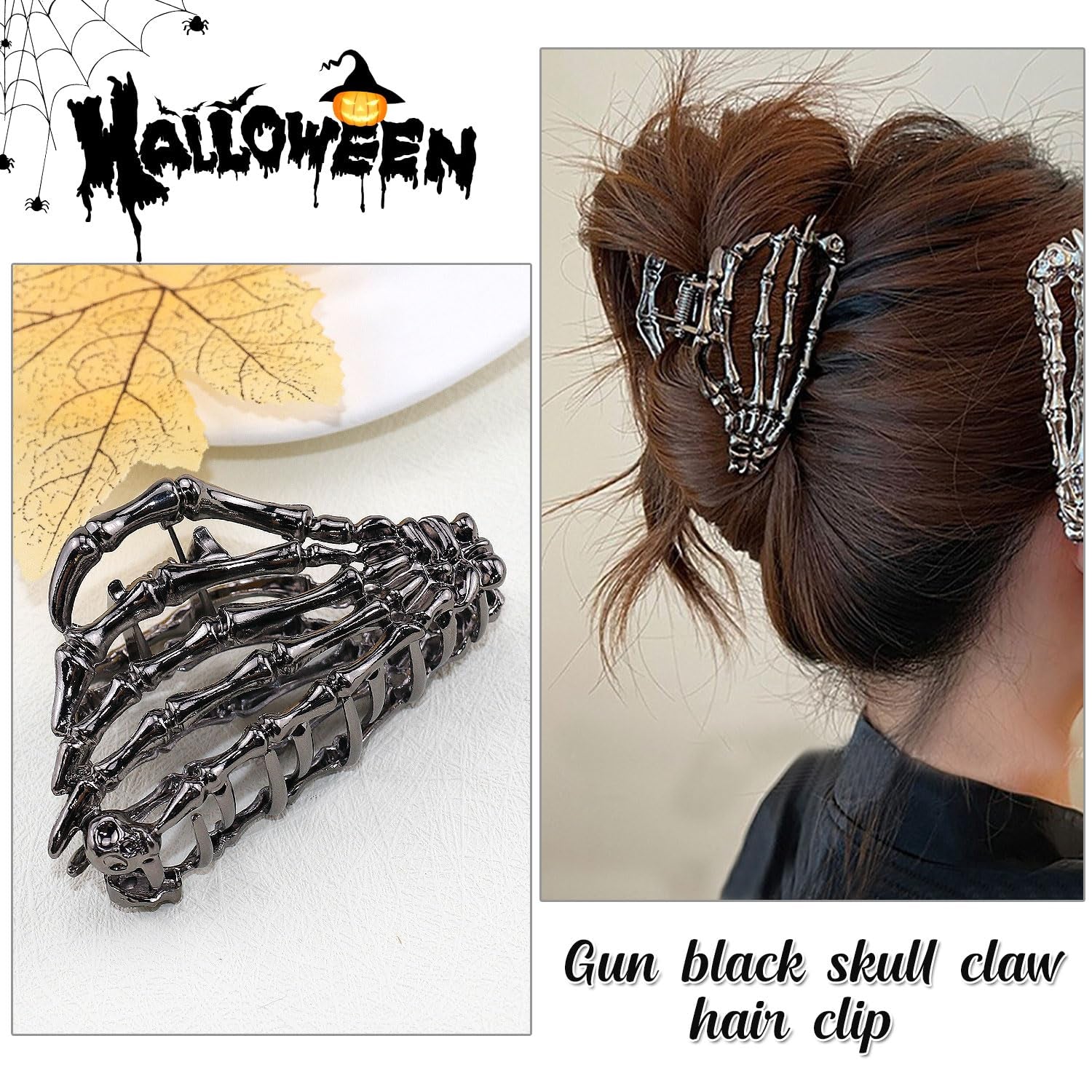 Skeleton Hand Metal Hair Claw Clips Alloy Hair Claw Clips, 1Pcs Gunmetal Hand Skull Metal Hair Clip for Thin Hair Punk & Y2K-Style (Gunmetal)