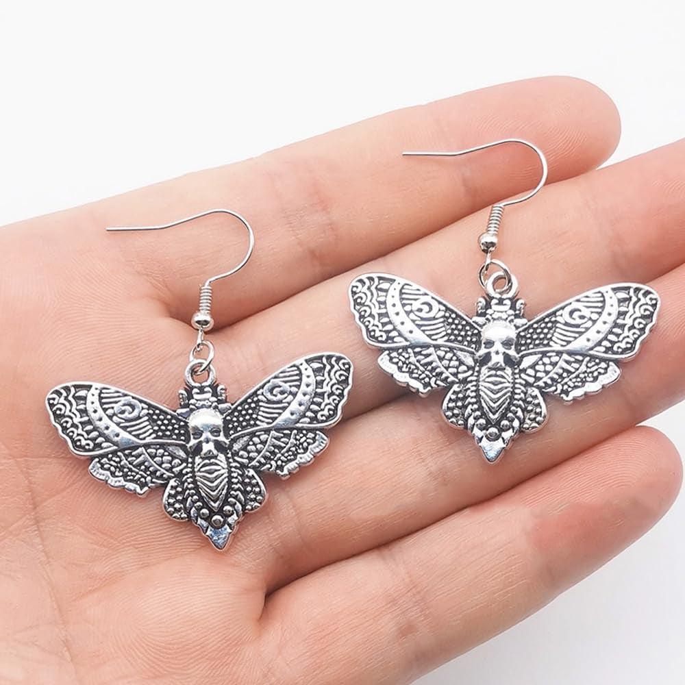 2 Pairs Goth Butterfly Dangle Earrings Luna Moth Earrings Crescent Moon Star Drop Earrings Punk Skull Pendant Earrings for Women - Silver