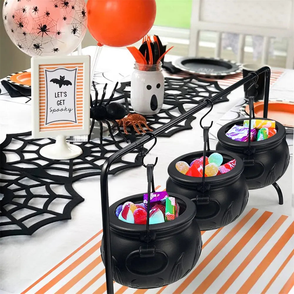 Set of 3 Witches Cauldron Serving Bowls on Rack - Black Plastic Witches Candy Bucket Cauldron for Halloween Party Decoration