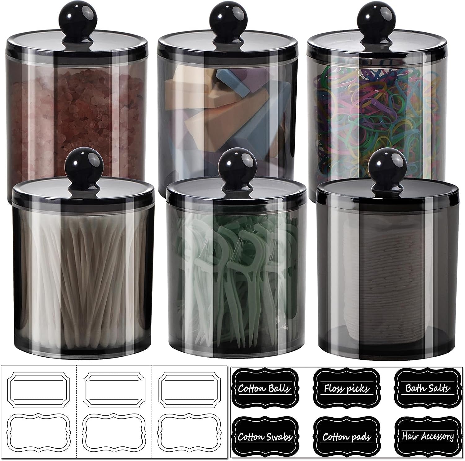 6 Pack of 12 Oz. Qtip Dispenser Apothecary Jars Bathroom with Labels - Holder Storage Canister Clear Plastic Acrylic Jar for Ball,Cotton Swab,Cotton Rounds,Floss Picks, Hair Clips (Black)