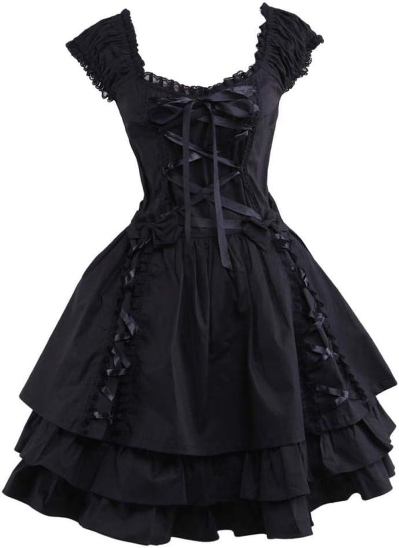 Womens Classic Black Layered Lace-Up Goth Lolita Dress