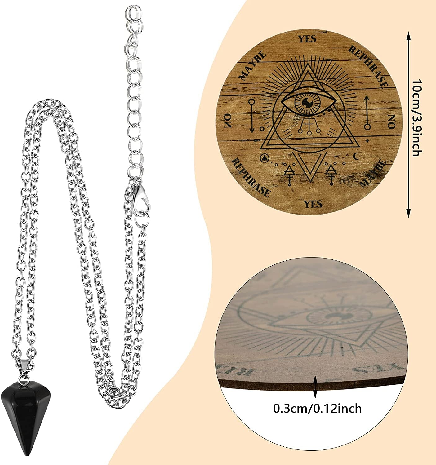 Wooden Pendulum Board Dowsing Divination Pendulum Witchcraft Altar Supplies with Crystal Necklace and Wooden Pendulum Board Metaphysical Message Board Kit, 6 Inch (White)