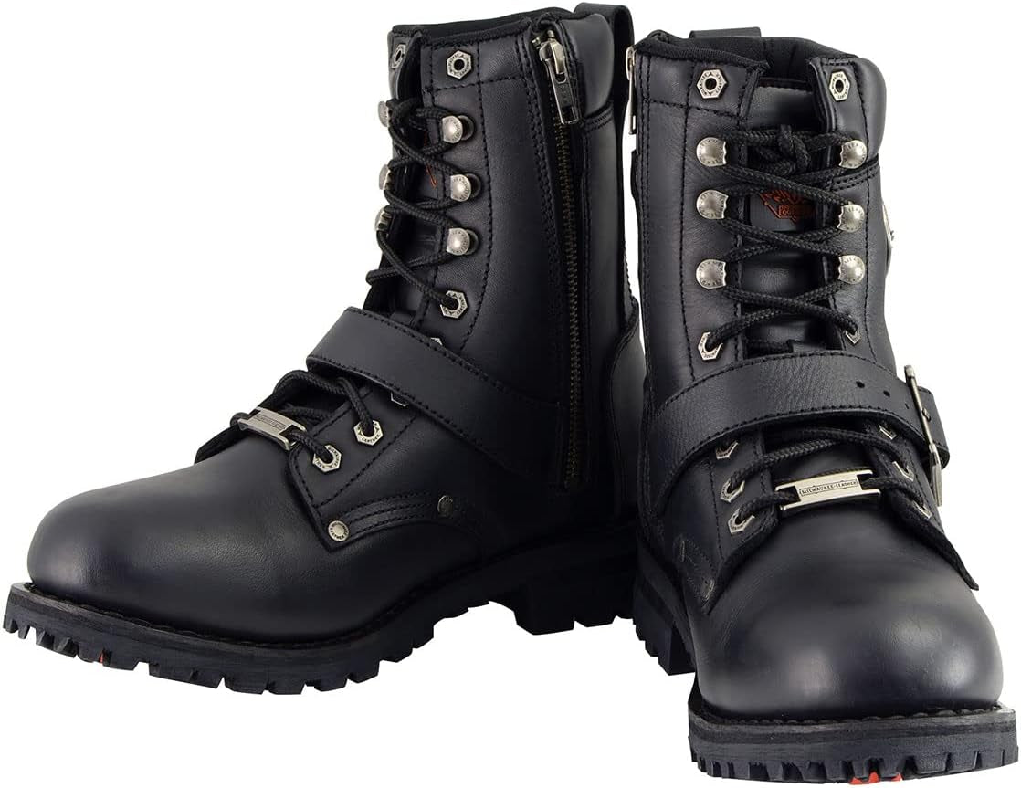 MBM101 Men'S Black Leather Lace-Up Engineer Motorcycle Boots W/Buckles and Side Zipper Entry - 10.5