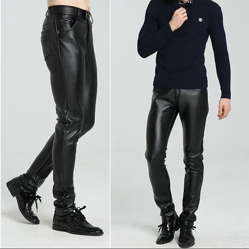 Teenage Velvet Thicken Mens Leather Trousers Patchwork Slim Personality Motorcycle Faux Leather Pants Mens Autumn Winter