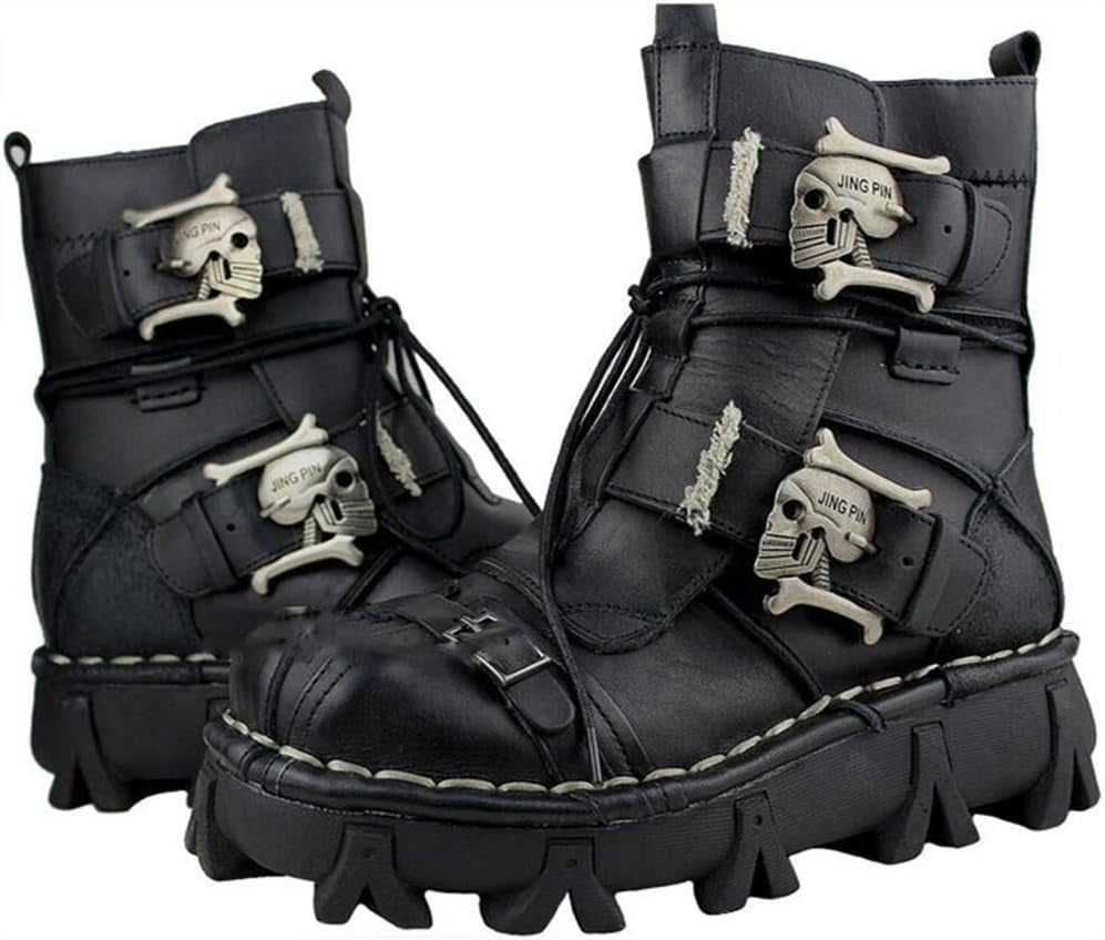 Mens Black Genuine Leather Military Army Boots Gothic Skull Punk Motorcycle Boots