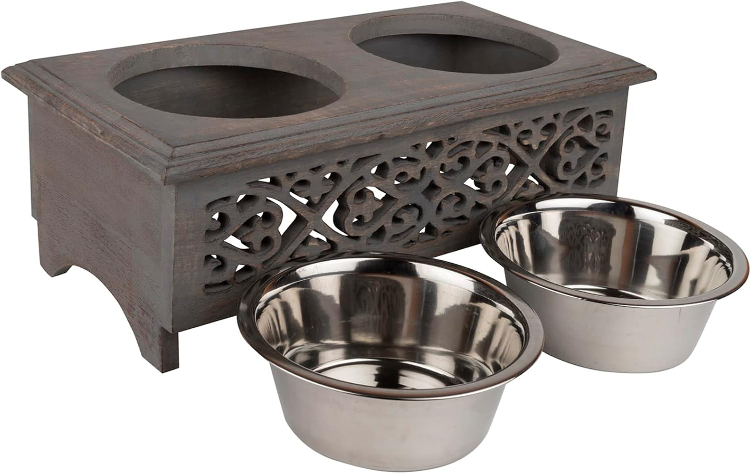 Raised Dog Bowls for Small Dogs | Elegant Farmhouse Grey Washed Elevated Wooden Stand Feeder with 2 Stainless Steel Bowls for Your Pet Food & Water