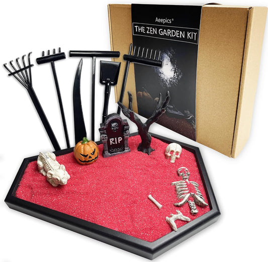 Coffin Zen Garden Decor for Office Desk, Meditation&Relaxation Mini Halloween Tabletop Sand Garden, Black Wooden Tray Kit Includes Pumpkin, Skeleton Dog, RIP Tombstone