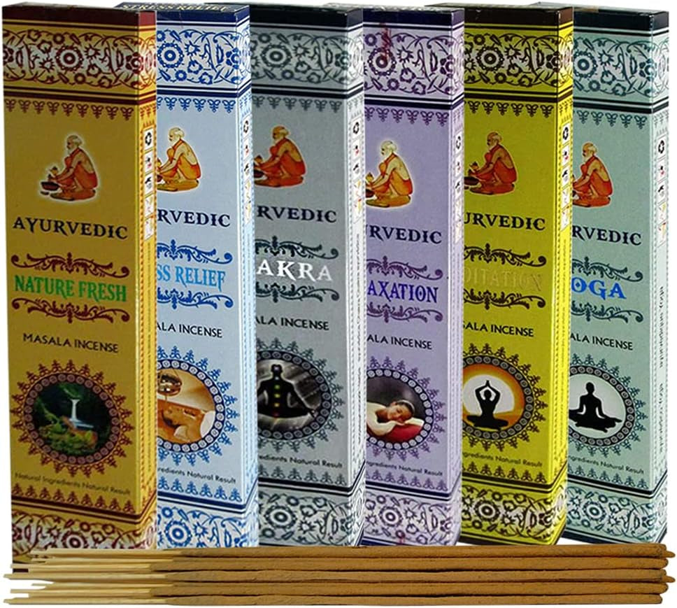 Ayurvedic Incense Sticks Variety Pack #1 and Ash Catcher Bundle with 6 Fragrances