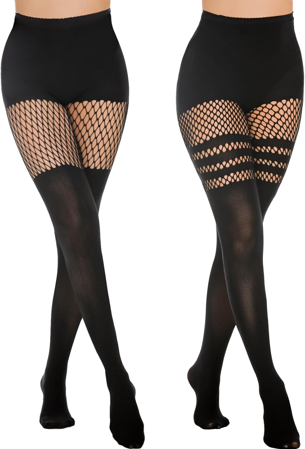 Faux Thigh High Tights Mock Suspender Pantyhose Striped Goth Fishnets Pack of 2