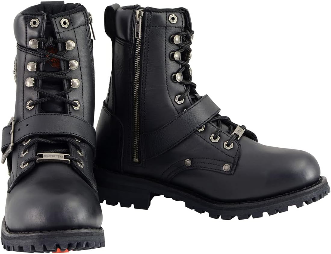 MBM101 Men'S Black Leather Lace-Up Engineer Motorcycle Boots W/Buckles and Side Zipper Entry - 10.5