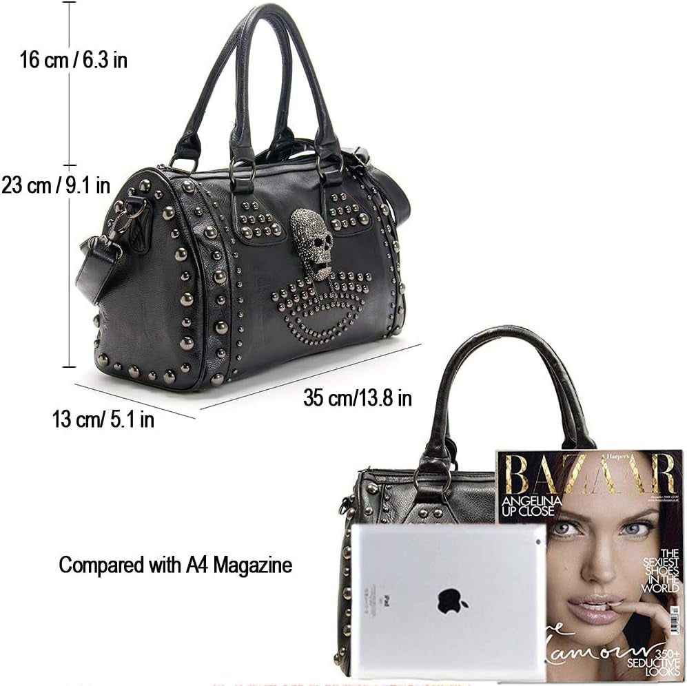 Women Skull Handbag Large Capacity Gothic Shoulder Bag Studded Doctor Handbag