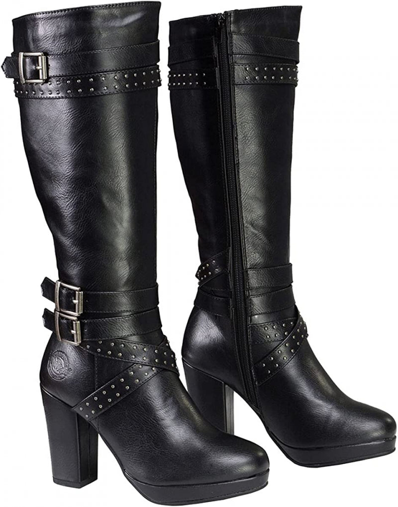 Milwaukee Leather MBL9422 Women'S Tall Black Studded Strap Boots With...