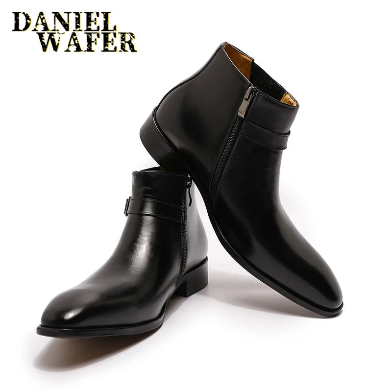 Luxury Men Ankle Boots Leather Shoes Black Blue High Grade Zipper Buckle Strap Chelsea Boot Office Wedding Dress Boots for Men