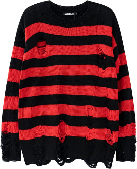 Black Red Striped Sweaters Men Oversized Ripped Hole Knit Pullover Autumn Winter Fashion Long Sleeve Clothing