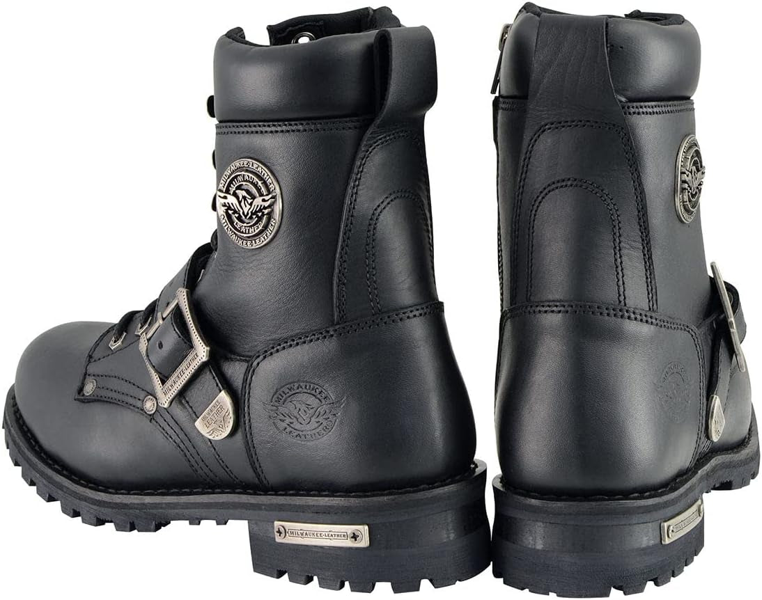 MBM101 Men'S Black Leather Lace-Up Engineer Motorcycle Boots W/Buckles and Side Zipper Entry - 10.5