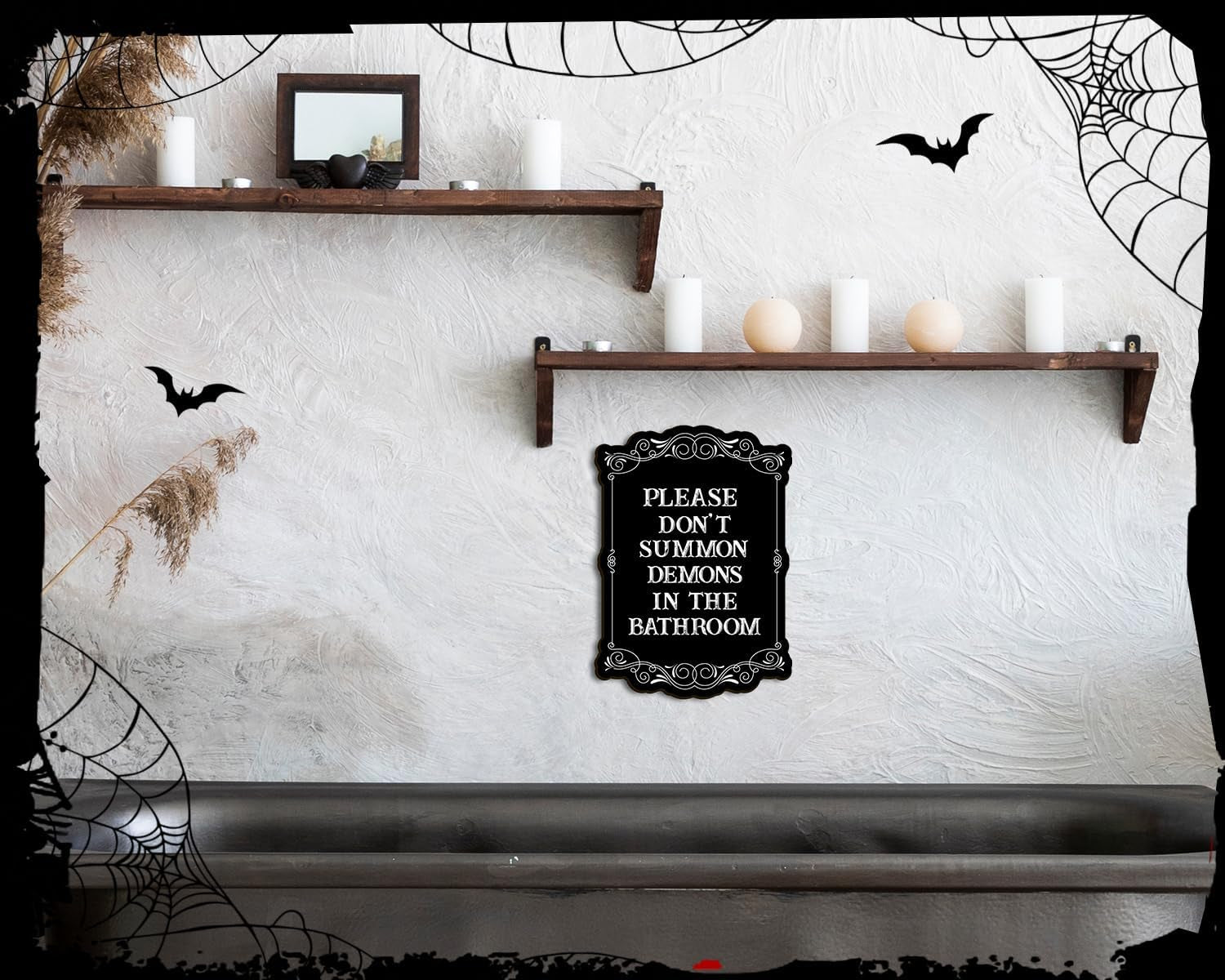 - Please Do Not Summon Demons in the Bathroom, Funny Gothic Decor Bathroom Wall Art, Wooden Spooky Wall Hanging (B, 8X10 Inch)