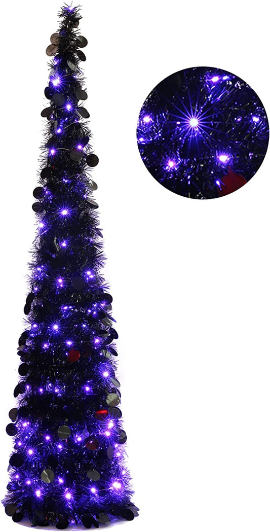 5FT Halloween Pop up Artificial Black Tree with 100 Lights for Halloween and Holiday Home Decor (Black)