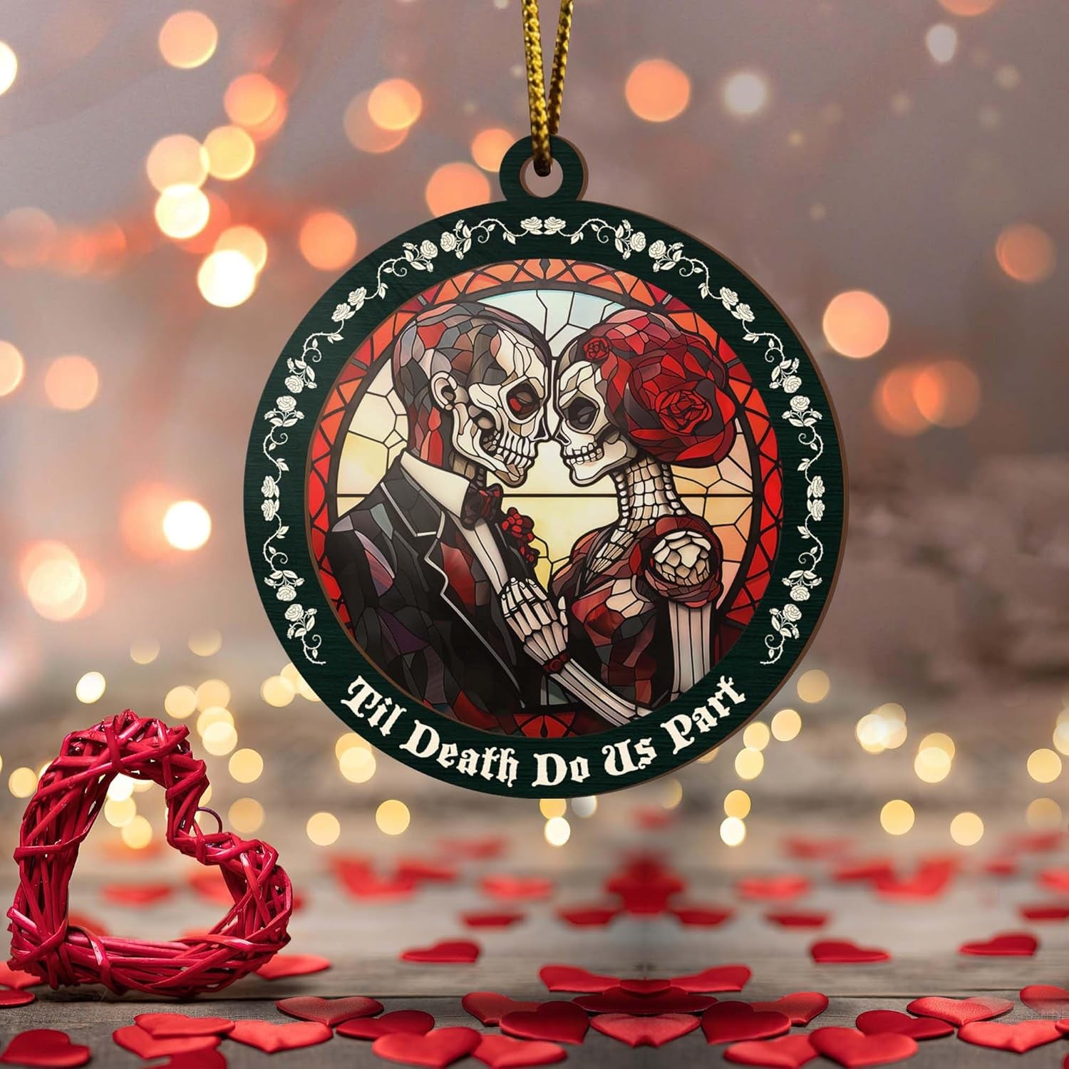 Skull Couple Love Suncatcher Ornament Christmas Tree Decor, Gothic Skeleton Couple Engagement Wedding for Couple, Skull Kitchen Accessories