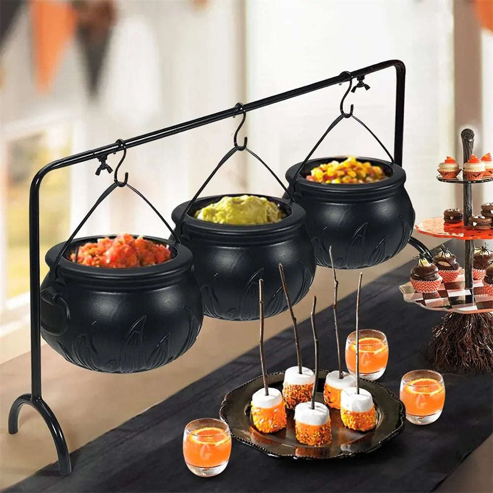 Set of 3 Witches Cauldron Serving Bowls on Rack - Black Plastic Witches Candy Bucket Cauldron for Halloween Party Decoration