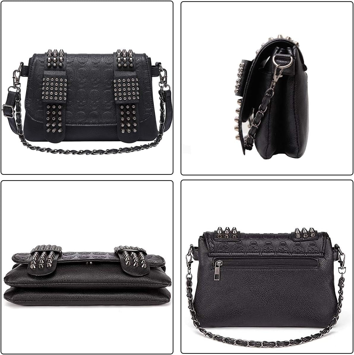 Women Punk Skull Shoulder Top-Handle Bag Goth Rivet Purse Handbag PU Leather Chain Satchel Tote Black